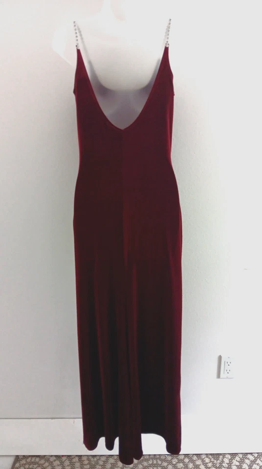 Maxi Vestido Vintage Terciopelo Sin Mangas Años 90 Y2K Baile de graduación MEDIANO Rojo Plata Correas Hada Foto 4 de 4