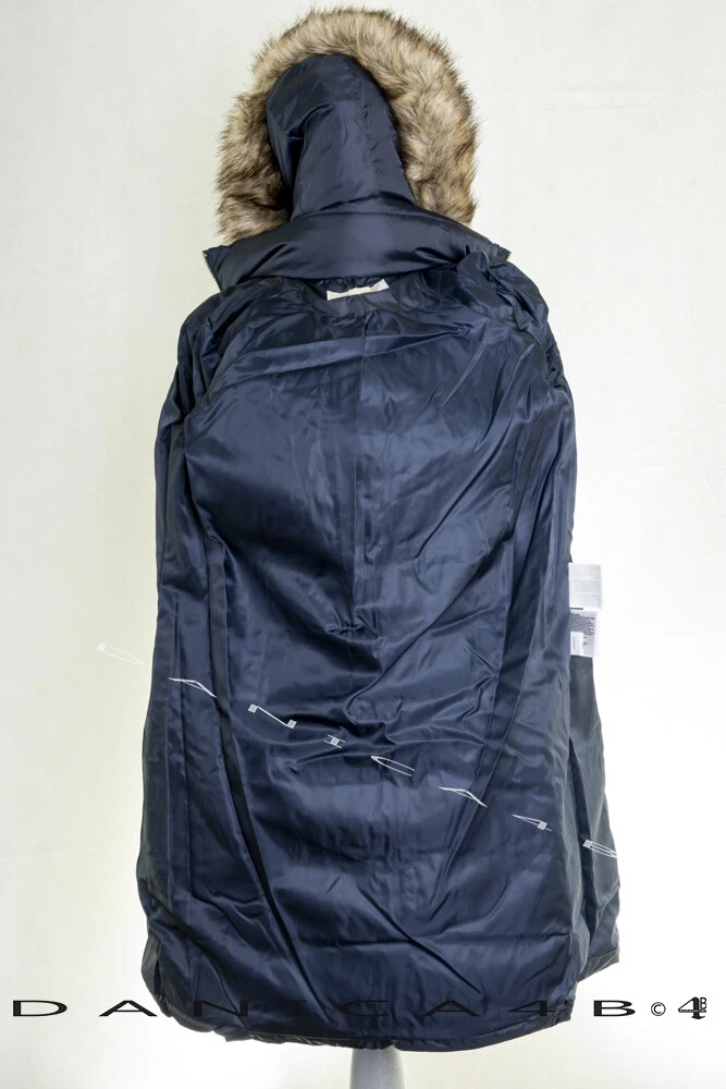 Cappotto tampone Michael Kors donna finiture in pelliccia sintetica con cappuccio trapuntato S blu navy