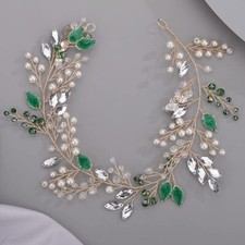 Green leaf Crystal Pearls Rhinestone Bridal Headband for Bride Bridesmaid Pea...