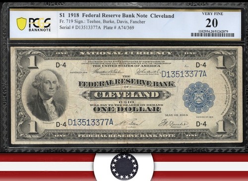 1918 $1 CLEVELAND FRBN "GREEN EAGLE" FEDERAL RESERVE PCGS 20 Fr 719 13377