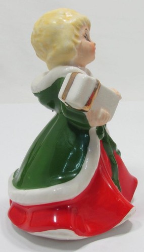 Statuina ceramica Giappone verde e rossa vintage Lefton 724 Natale bambina con regalo - Foto 5 di 8