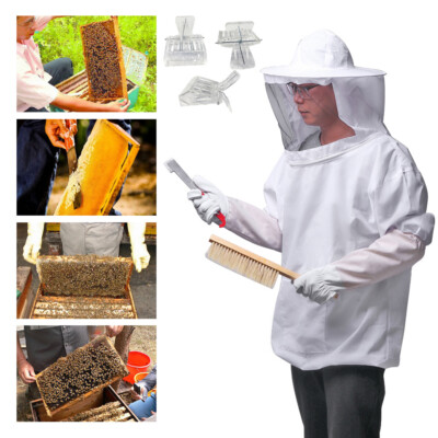 8PC Beekeeper Suit Bee Jacket Smock Veil Gloves Bee Hive Brush J Hook Clips Set