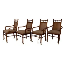 Vintage Stanley Furniture Co. Faux Bamboo Cane Back Rolling Arm Chairs - Set 4