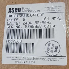 ASCO 300 104 AMP 2 POLE 120/240 VOLT, NEMA 3R ENCLOSURE