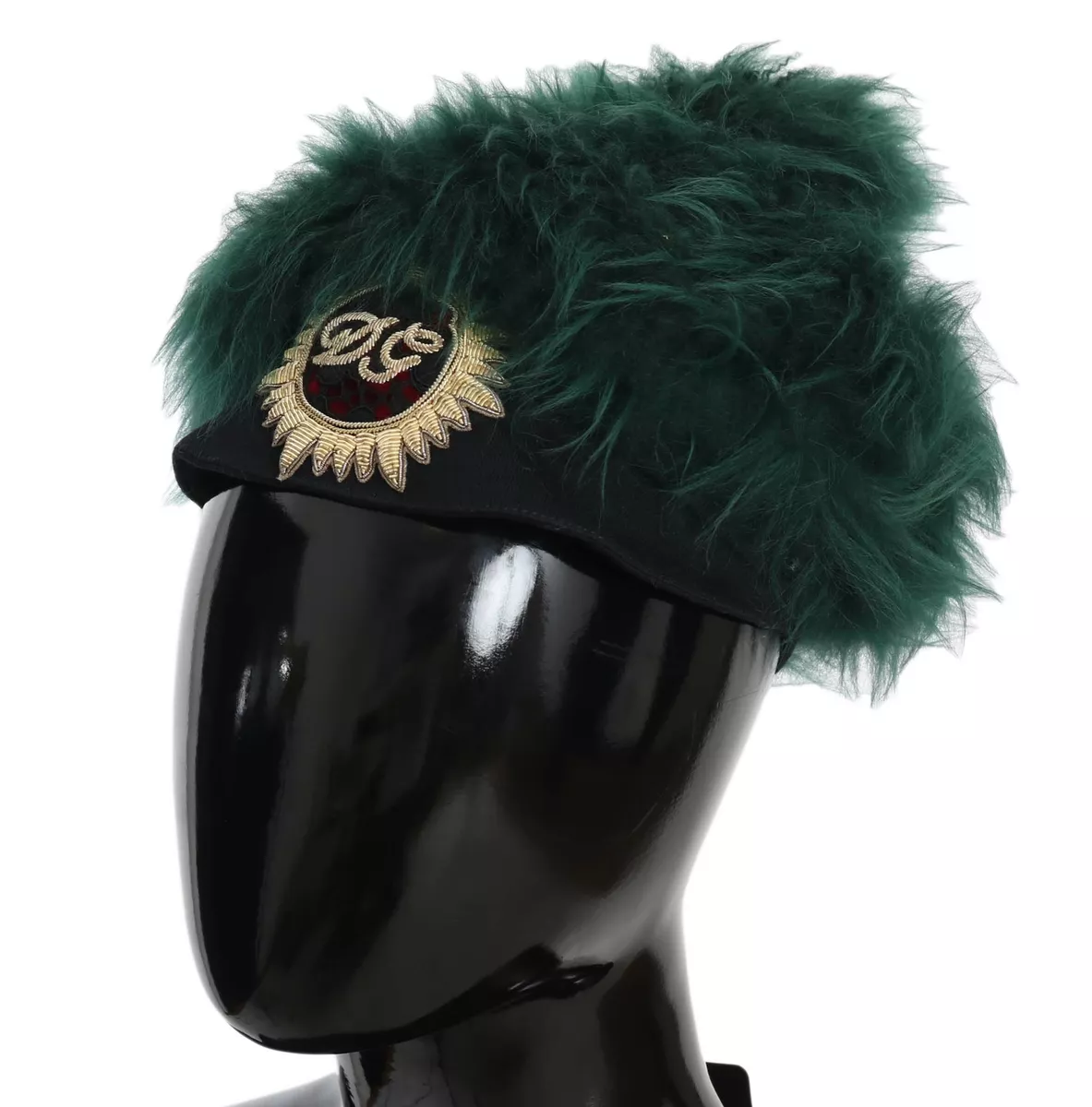 DOLCE & GABBANA Hat Green Fur DG Logo Embroidered Cloche Cap s
