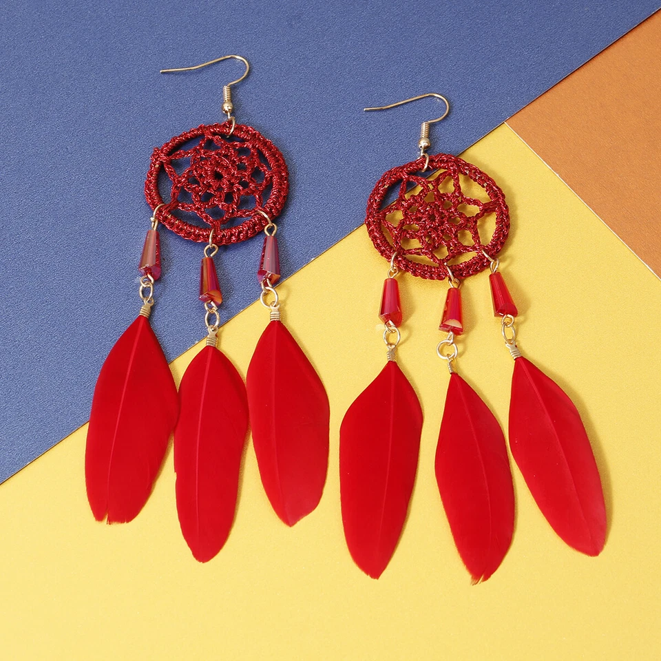 Pendientes colgantes de borla larga retro boho de plumas para mujer Foto 2 de 4