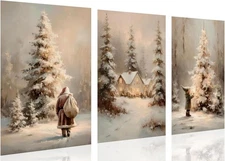 Vintage Christmas Tree Forest Canvas Wall Art Pictures Painting Set of 3 Nordic 