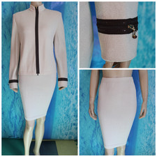 ST JOHN Collection Knits Beige Jacket Skirt L 10 12 2pc Suit Brown Sequined Trim