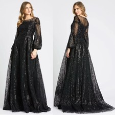 NWT Mac Duggal Jewel Encrusted Illusion Long Sleeve Maxi Gown Black SIZE 16 $798
