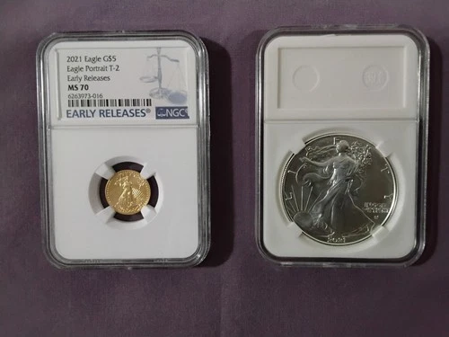 2021 $5 American Gold Eagle  Type 2  1/10 oz NGC MS70 + Uncirculated Silver