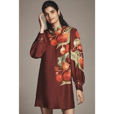 New Farm Rio x Anthropologie Printed Mini Dress $228 X-SMALL Wine LONG-SLEEVE