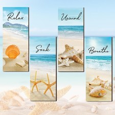 4 Pcs Wooden Ocean Beach Bathroom Wall Decors Hanging Wooden Sign for Spa