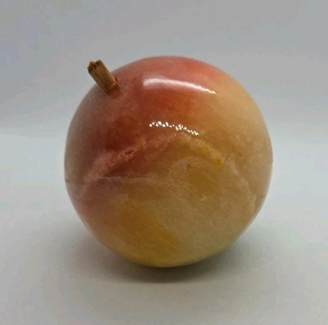 Italian Alabaster Peach Stone Fruit Wooden Stem Marbled Yellow Orange VTG MCM - Image 2 of 4