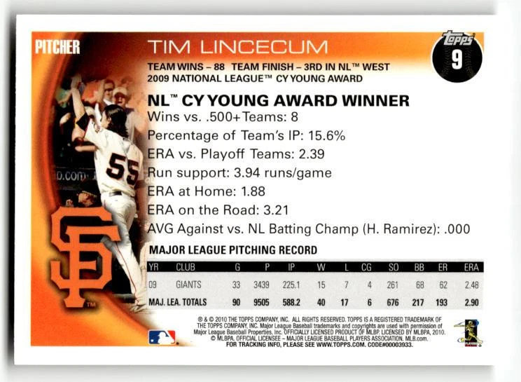 2010 Topps #9 Tim Lincecum - Image 2 of 2