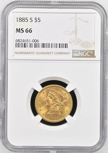1885-S $5 Liberty Head Gold Coin NGC MS 66 – Rare Collectible TOP POP 2 higher