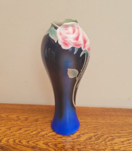 Franz Porcelain Pink Rose Vase XP1816 Midnight Blue - Picture 3 of 7
