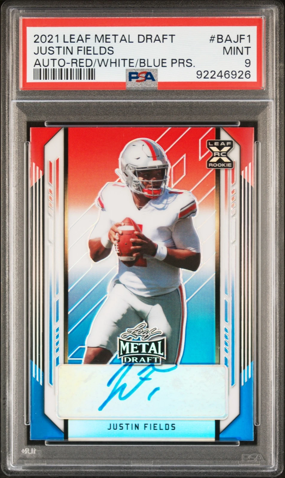 Justin Fields Leaf Metal Draft Autographs #BAJF1 Red/White/Blue Mojo