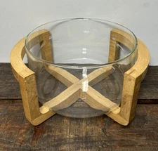 Glass Salad Bowl Serving Dish Wood Holder Cradle Clear Scandinavian 4.5” x 8”
