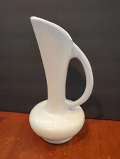 Tall ewer, vase, pottery, pitcher, with handle, white with blue hues 8" tall  3B