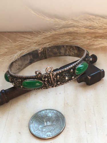 Antique Bohemian French Silver 800 & Green Jade Glass Opening Bangle Bracelet