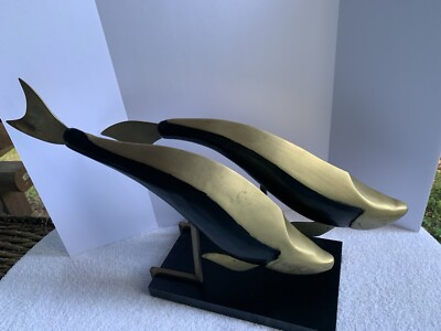 #ad MCM Dara International Sculpture Whales Brass Black Lacquer 1983 Tag $265 RARE $445.11