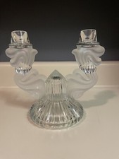 Vtg Large Bohemian Crystal Glass Double Candle Stick Holder w/Frosted Accent