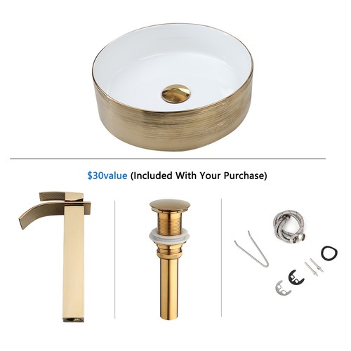 US Gold Round Bathroom Sink Ceramic Basin Waterfall Faucet Mixer Deck Mount Taps - Picture 5 of 7