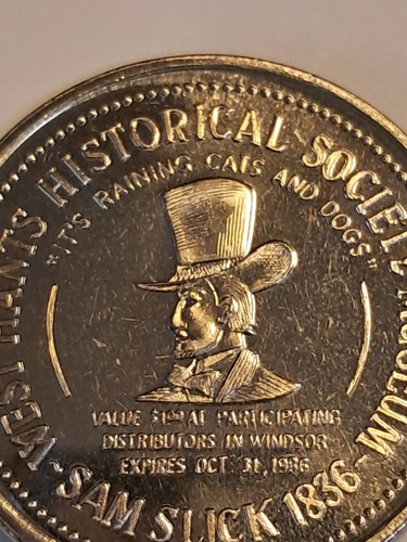 Ficha de dólar comercial conmemorativa canadiense Sam Slick "Yankee Clockmaker" - Imagen 3 de 24