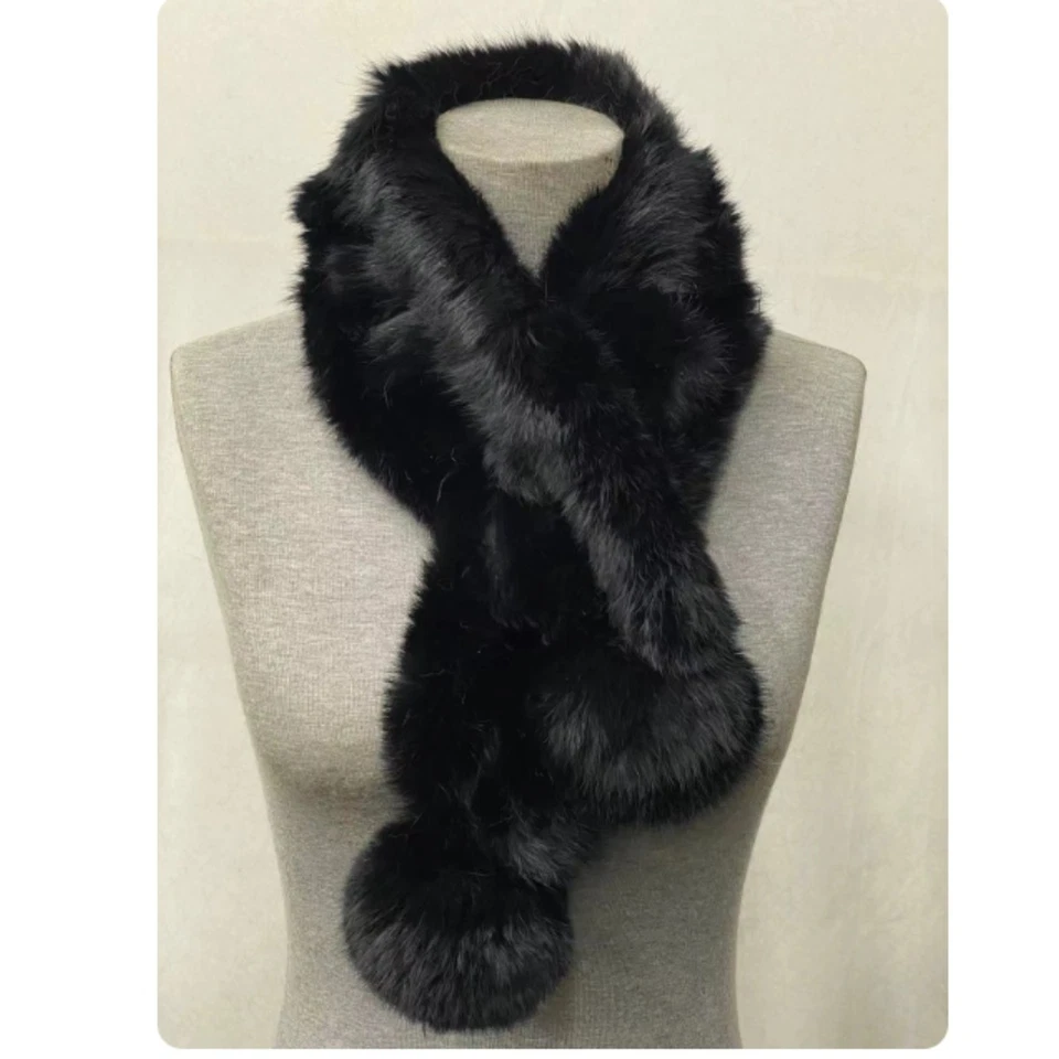 Cachecol de pele de coelho 100% real pescoço de malha colarinho quente lenços envoltórios inverno feminino - Imagem 3 de 4