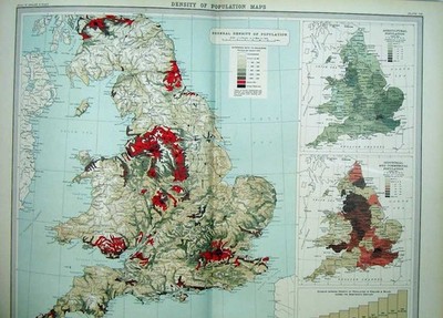 Alter antiker Druck Bevölkerungsdichte Karten Atlas England Wales Industrie