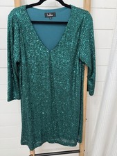 Lulus Dress Women Large Emerald Green V-Neck Sequins 3/4 Sleeve Shift Mini EUC