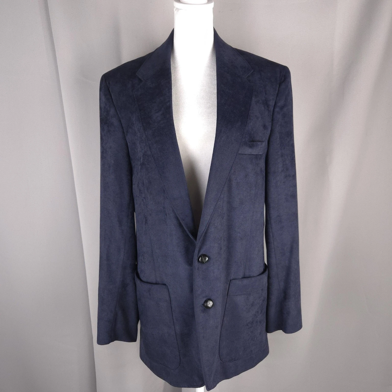Farah Blazer Mens 40L Navy Suede-Look Sport Coat Two Button Patch Pockets Lined