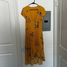 FREE PEOPLE Lost in You Golden Yellow Floral Print Jacquard Midi Hi/Lo Dress XS