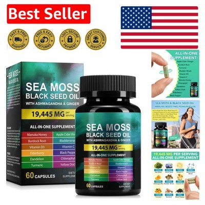 Nutrient-Rich 60 Capsules: Sea Moss, Black Seed Oil & Ashwagandha for Vitality