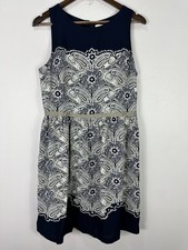LOFT Paisley Fit and Flare Dress Womens Size 10 Navy Office Chic Preppy Classic