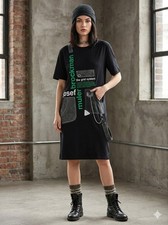 Women's Black T-Shirt Dress Short Sleeve Round Neck Graphic Josef Denim Pocket