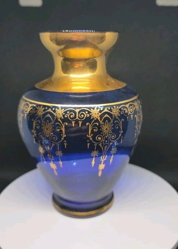Vintage Vecchia Murano Cobalt Blue Gold Gilt Tappered Glass Vase 5" Tall