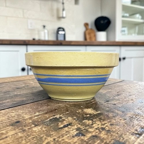 Vintage Hull Pottery Utility Yellow Ware Mixing Bowl Blue Band Farmhouse