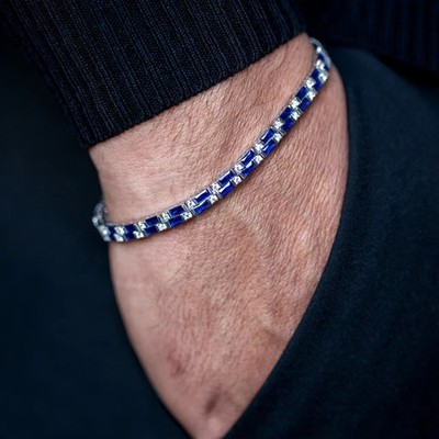 925 Sterling Silver Blue Sapphire Gemstone Men's Tennis Bracelet