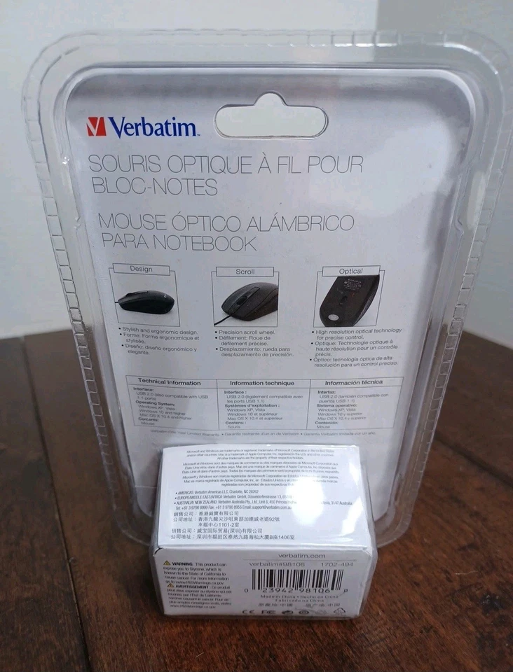 Verbatim USB Corded Optical Mouse Wired Noiseless Click Black - FREE SHIP - Image 3 of 4