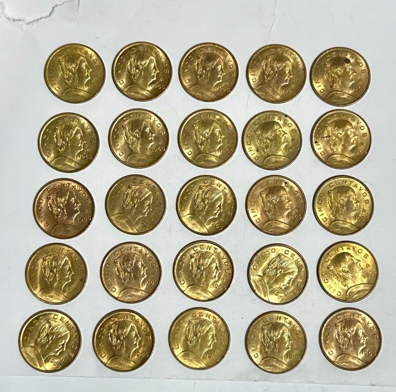 Mexico BU Coin S Lot Cinco Centavos 1954 - 1969 snake 25 BEAUTIFUL BU COINS