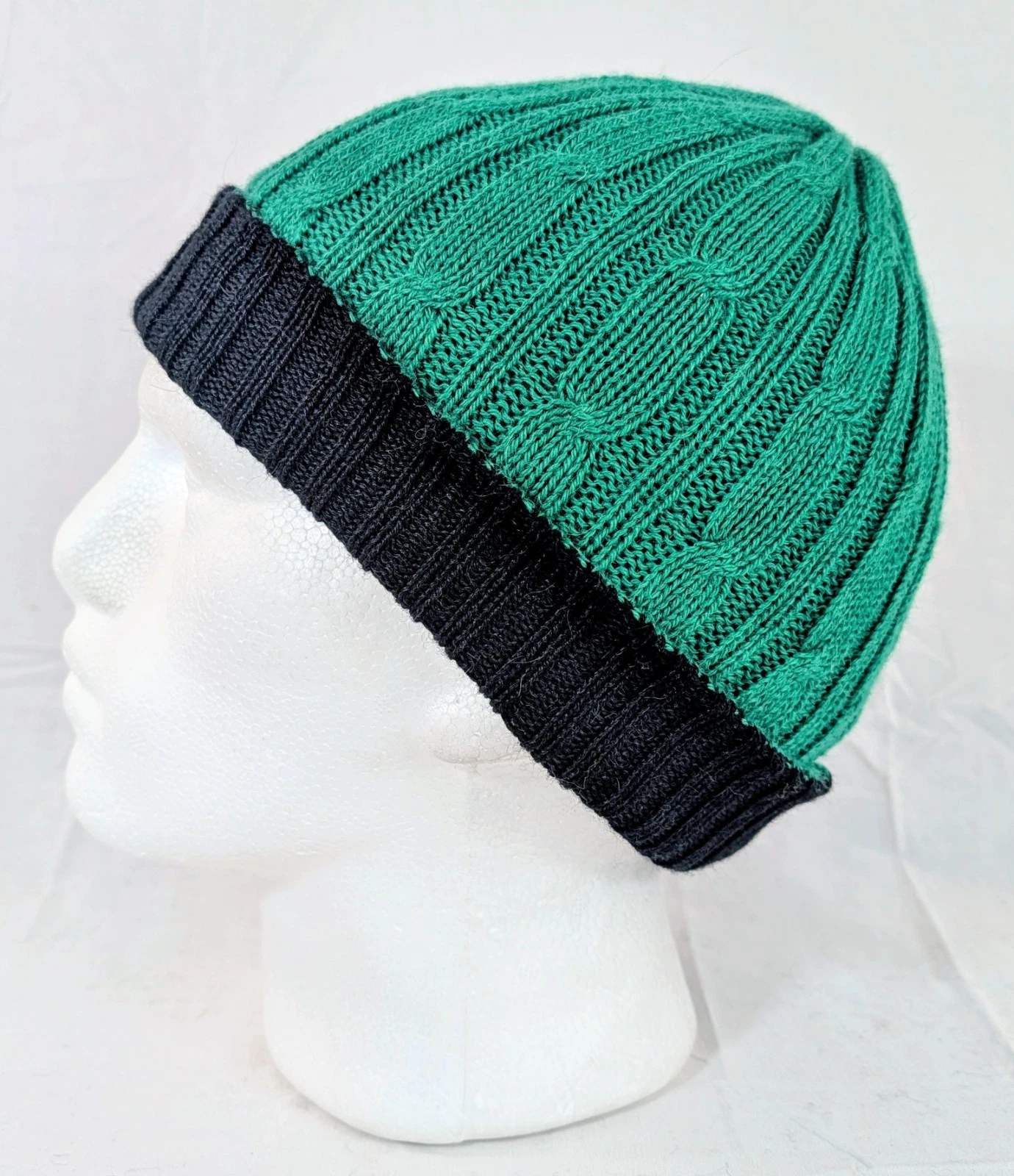 Extra Soft Baby Alpaca Reversible Cable Knit Beanie Green Black Handmade Unisex