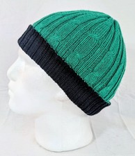 Extra Soft Baby Alpaca Reversible Cable Knit Beanie Green Black Handmade Unisex