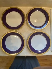 12 Royal Gallery Gold Buffet Dinner Plates Purple Stripe 10.5 Inches 1991