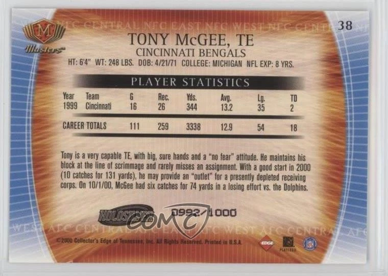 2000 Collector's Edge Masters Holo Silver /1000 Tony McGee #38 - Image 2 of 2