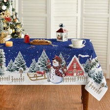 Christmas Tablecloth 60 84 Inch Rectangular, Winter Snowman House Christmas Tree