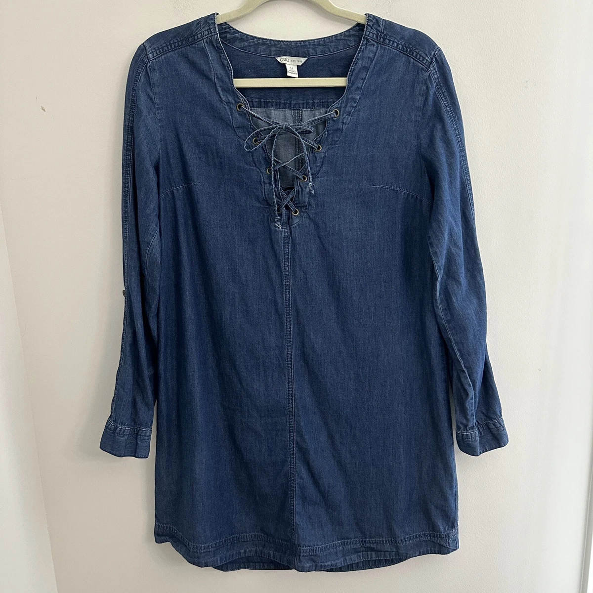 Cato Women s Blue Denim Dress Jean Trapeze Size M Lace Up Long