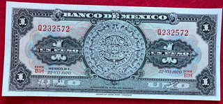 1970 Mexico Banknote 1 Peso Paper Money Aztec Calendar SERIE PREFIX