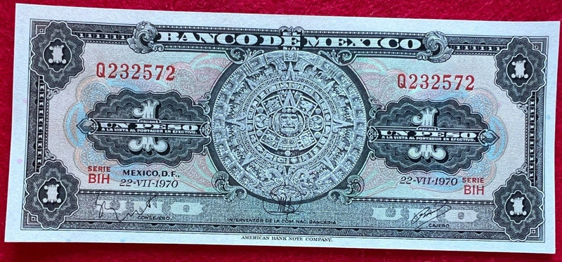 1970 Mexico Banknote 1 Peso Paper Money Aztec Calendar SERIE PREFIX 