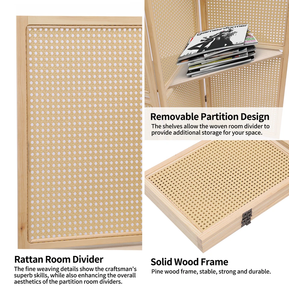 Divisor de habitación de ratán con estantes plegables 4 paneles pantalla de madera mimbre pared de privacidad Foto 3 de 4